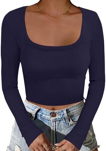 ANRABESS Women's Long Sleeve Square Neck Crop Top Ribbed Slim Fitted Basic Tee Layer Y2K Shirts Fall Fashion Outfits 2025 XL Navy Blue