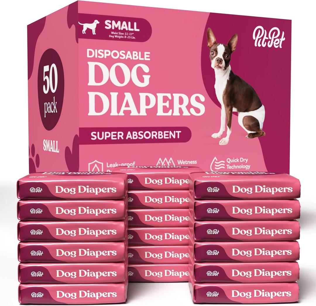 Comfortable Female Dog Diapers - 50-Pack Super Absorbent Disposable Doggie Diapers - FlashDry Gel Technology & Wetness Indicator - Leakproof Diapers for Dogs in Heat, Excitable Urination, Incontinence, Sma