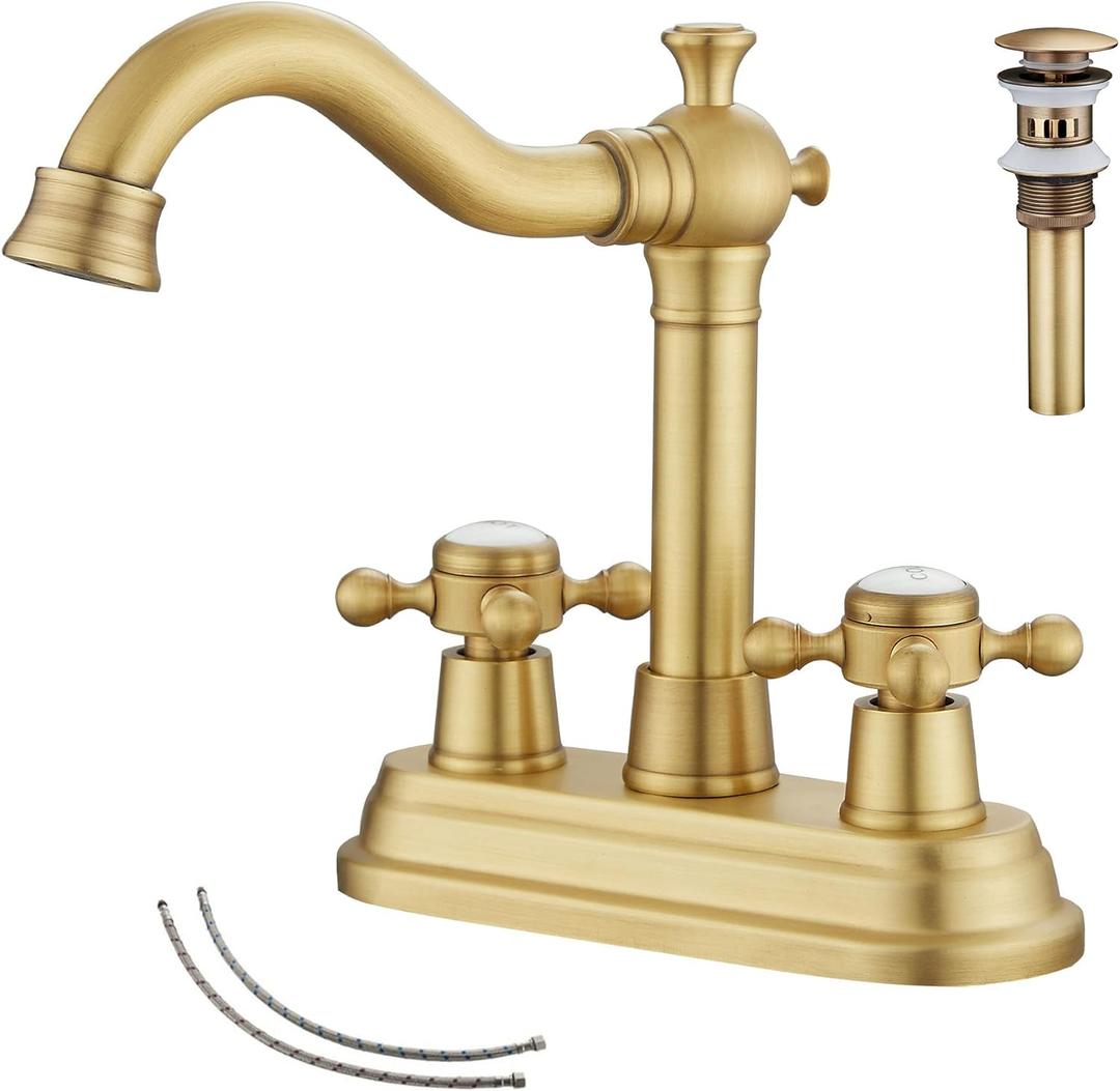 GGStudy Antique Brass Bathroom Faucet - 2 Handles, 4 Inches Centerset, RV Vanity With Drain Assembly and Supply Hose