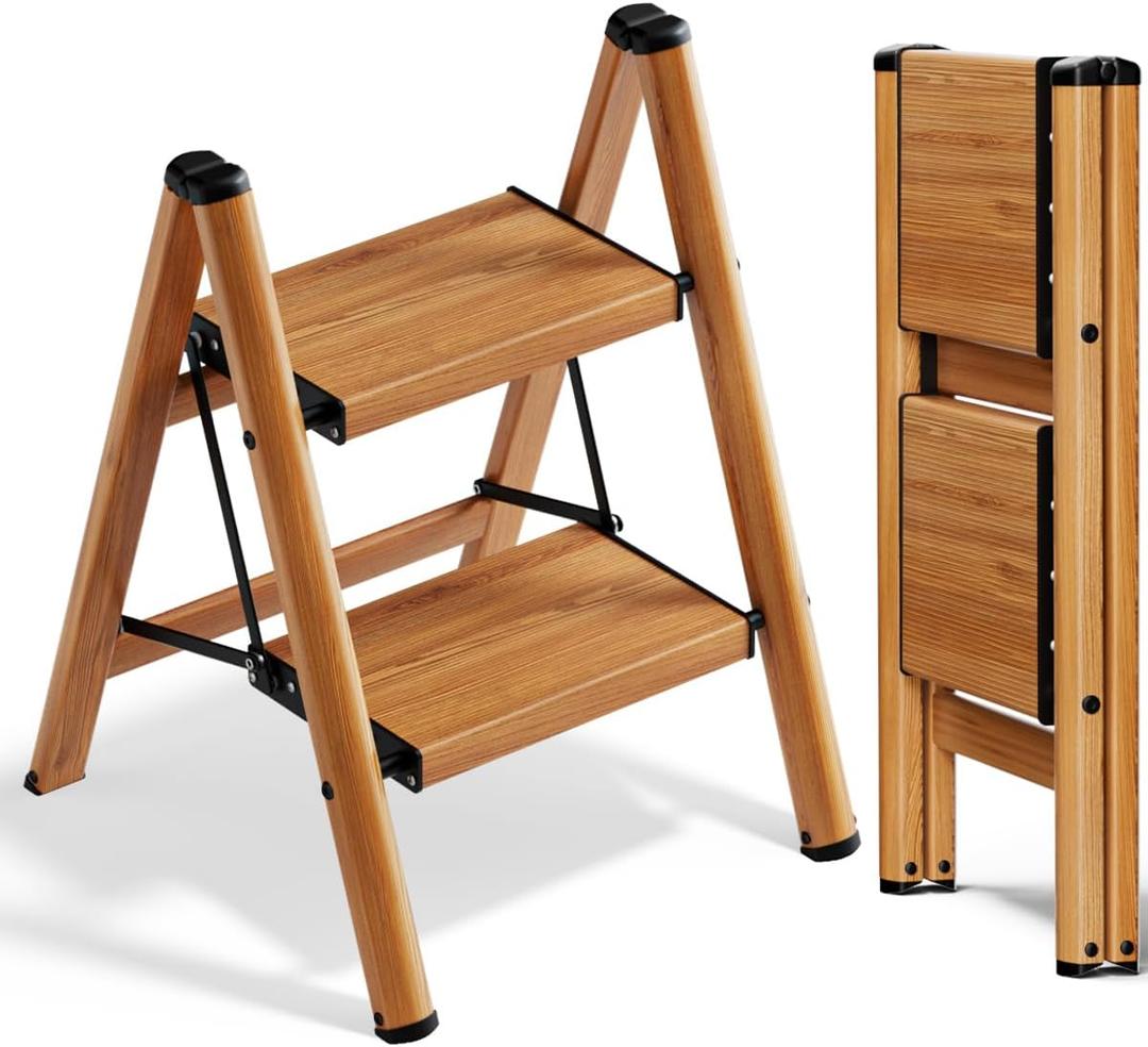 SOLADDER 2 Step Ladder, Folding Step Stool with Anti-Slip Wide Sturdy Pedal, Multi-Use for Home and Kitchen Use, Space Saving-Woodgrain(300lbs Capacity)