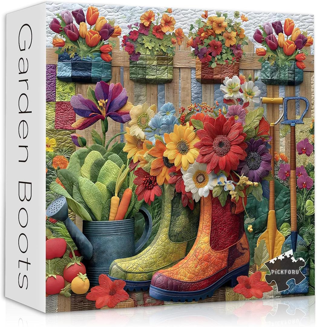 PICKFORU Garden Boots Jigsaw Puzzle 1000 Pieces for Adults, Colorful Flower Garden Scene with Rain Boots, Gardening Tools Plants, Spring Floral Puzzle Quilt Style