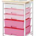 Utility Cart with 5 Drawers,Storage Drawer Cart with Wooden Tabletop and Lockable Wheels,Craft Storage Trolley Cart,5-Tier Rolling Utility Cart on Wheels,Rose Pink
