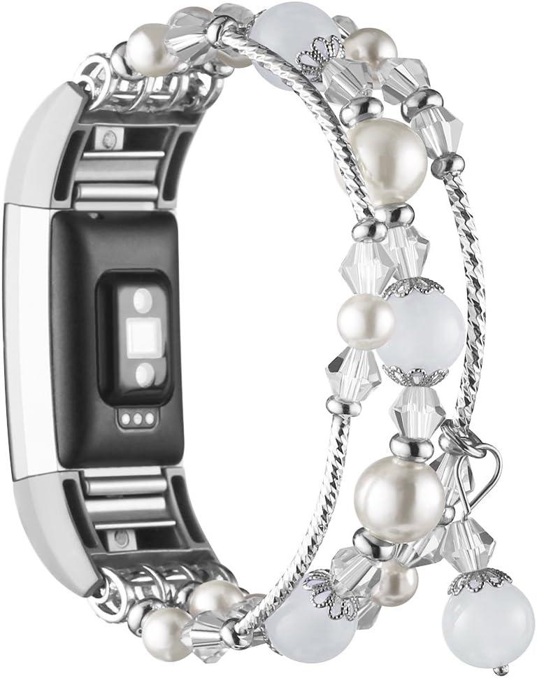 Simpeak 5.8-7.2 Fashion Band Compatible with Fitbit Charge 2 Smartwatch, Elastic Women Beaded Band Replacement for Fitbit Charge 2 Only, White