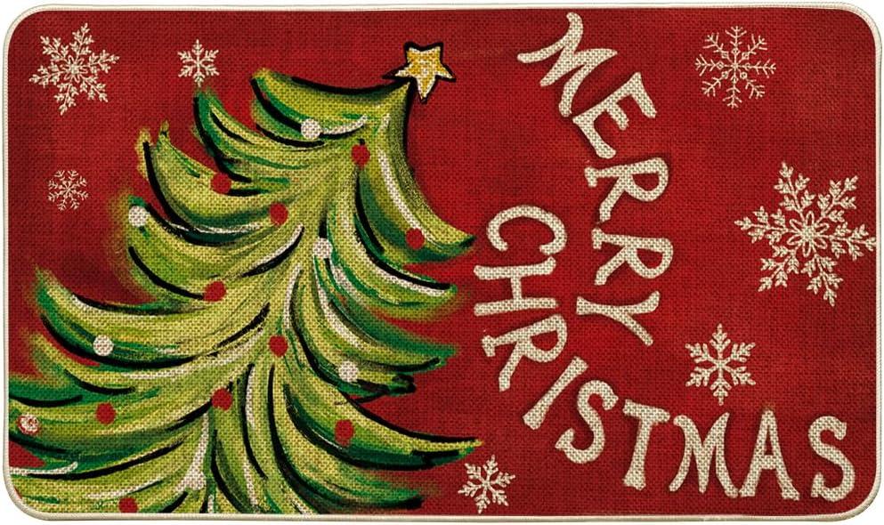 Artoid Mode Xmas Tree Merry Christmas Doormat, Snowflake Winter Home Decor Low-Profile Switch Rug Door Mat Floor Mat for Indoor Outdoor 17x29 Inch (Red)