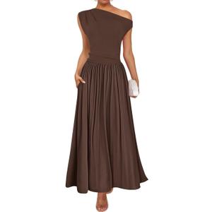 ZESICA Women's Summer 2026 Sleeveless Maxi Dress One Shoulder Casual Slim Swing Pleated Formal Dresses with Pockets (Brown, M)