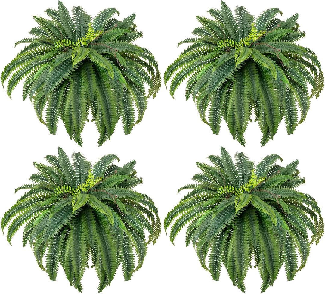 CQURE 45" Fake Ferns Artificial Plants Large,Set of 4 Artificial Boston Ferns Hanging Fake Plants for Outdoors Planter Home Garden Decor,60 Branches