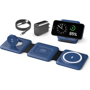 Charging Station for Apple Devices - 3 in 1 Magnetic Foldable Wireless Charger Dock - Travel Charging Pad for MagSafe iPhone 16 15 14 13 12 Pro Max Plus Watch & Airpods (Blue)