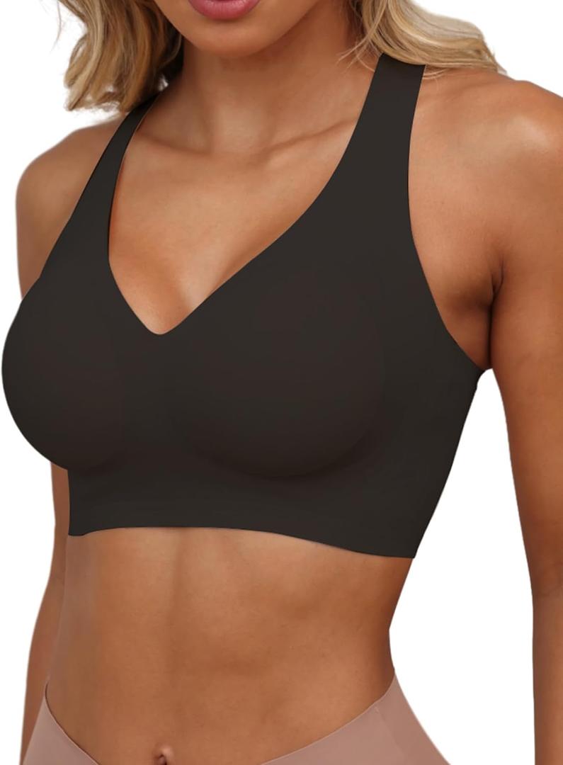 HORISUN Women Wireless Bras Seamless Cross Back V Neck No Underwire Bralette Comfort T Shirt Bra (Black, S)