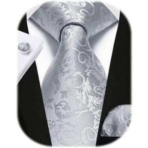Enlision Mens Ties Solid Color Satin Necktie Ties for men Handkerchief Cufflinks Pocket Squares for Wedding (S1-light Grey Paisley)