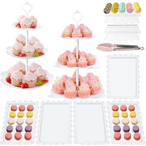 10 Piece Cake Stand Set 3 Tiered Tiered Cupcake Stands 1 Square and 1 Circular 5 Dessert Trays 1 cake tongs 2 Pack Pop Stand with Sticks Kit For Wedding Baby Shower Home Birthday Tea Party