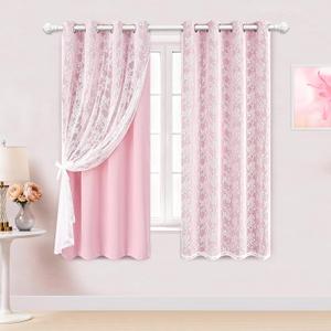 Yinhua Pink Blackout Curtains for Bedroom Double Layer Nursery Curtains for Living Room 63 Inch Length 2 Panels Set Kid Curtain with Floral Sheer Overlay, Grommet Drapes with Tiebacks, 52" W x 63" L