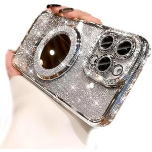 AuroiCCY for iPhone 16 Pro Case with Magnetic Ring Stand, [Compatible with MagSafe], Built in Make Up Mirror Shockproof Camera Lens Protector Bling Glitter Girls Woman Cover for iPhone 16 Pro, Silver
