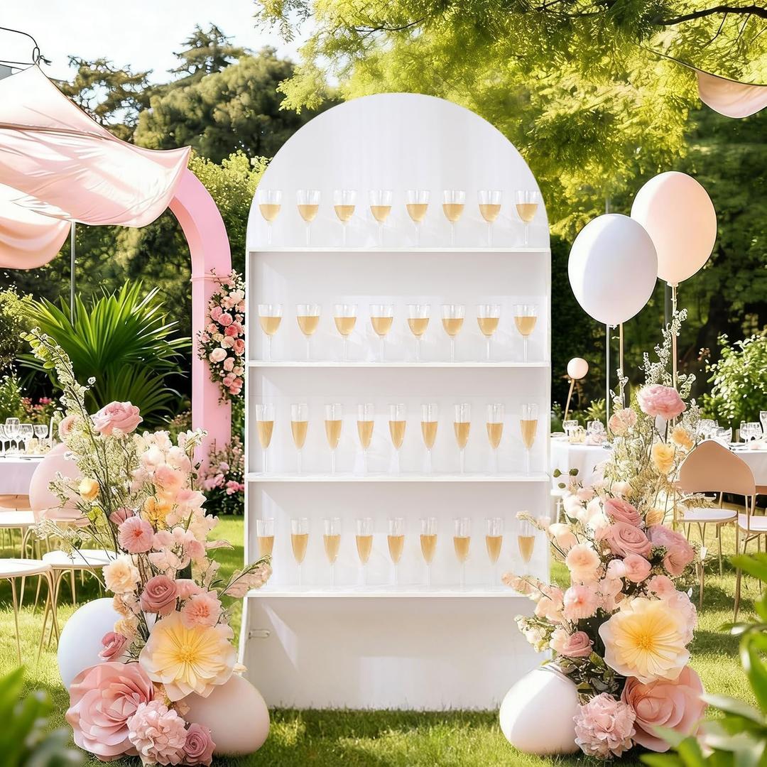 5.9 ft 4-Tier Champagne Wall Holder for Party, White Wedding Arch Backdrop Stand Holds 32 Glasses, Freestanding Champagne Wall for Wedding Reception & Event Decor