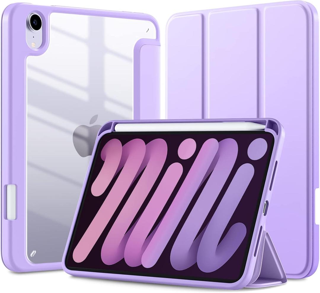 Mastten for iPad mini 7 Case A17 Pro, for iPad mini 7th/6th Generation Case 2024/2021 8.3 Inch with Pencil Holder, Hybrid Slim Clear Back Shell Cover Kids, Auto Wake/Sleep, Lavender