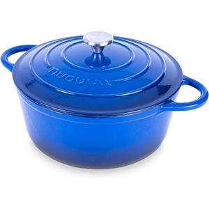 Nuovva Enamelled Cast Iron Dutch Oven Pot with Lid 6.4 Quart Non Stick Casserole Pot Heavy Duty & Oven Safe up to 500 F for Bread Baking, Braising, Stews, Roasting 28cm Dark Blue