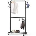 Simple Houseware Double Rod Garment Rack with Wheels and Hooks, Black