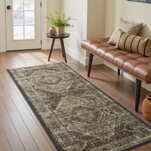 RESARE-2X6 Runner Rug-Washable Runners for Hallways-Soft Vintage Long Rug for Bathroom-Non Slip Bedside Rugs for Bedroom-Rugs for Kitchen in Front of Sink Laundry Room Brown (2ft x 6ft)