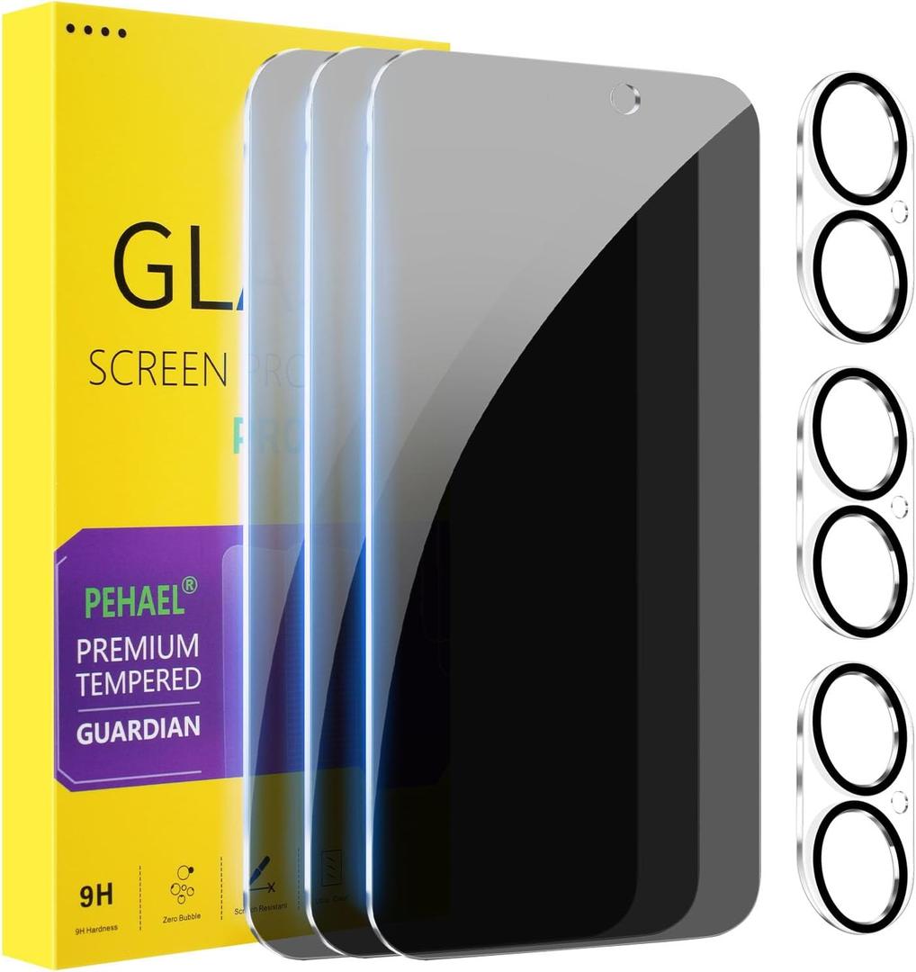 PEHAEL 3+3Pack for iPhone 17 Privacy Screen Protector with Camera Lens Protector Full Coverage Anti-Spy Tempered Glass Film 9H Hardness Easy Installation Bubble Free [6.3 inch]