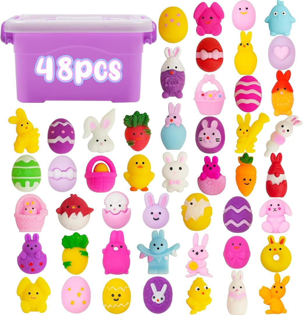 48PCS Easter Squishies for Plastic Egg Fillers, Easter Mochi Squishy Toys for Eggs Hunt Games, Easter Fidget Toys for Kids, Toddlers & Teens, Gifts, Easter Basket Stuffers, Classroom Prizes