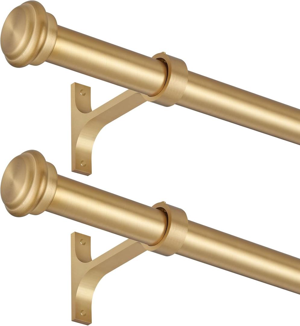 2 Pack Curtain Rods 28 to 48 Inches,1 Inch Curtain rods for Windows, Hanging Curtain Rod & Wall Mount with Brackets Heavy Duty Rod,End Cap Single Rod, Brushed Gold