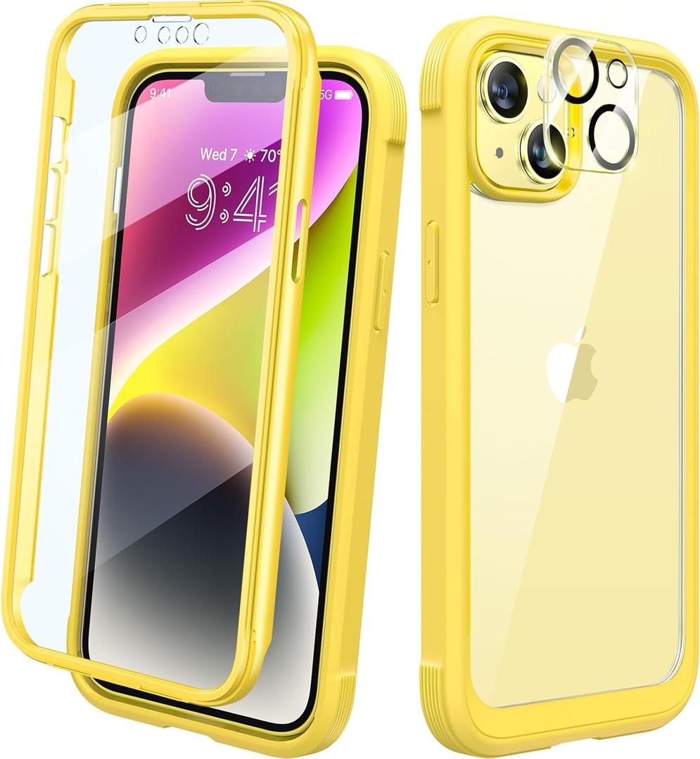 Diaclara Designed for iPhone 14 Case, Full Body Rugged Case with Built-in Touch Sensitive Anti-Scratch Screen Protector, with Camera Lens Protector for iPhone 14 6.1" (Lemon Yellow)