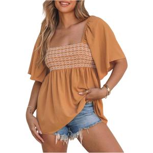 MakeMeChic Women's Shirred Square Neck Babydoll Shirt Tie Backless Half Sleeve Blouse Peplum Top (S)