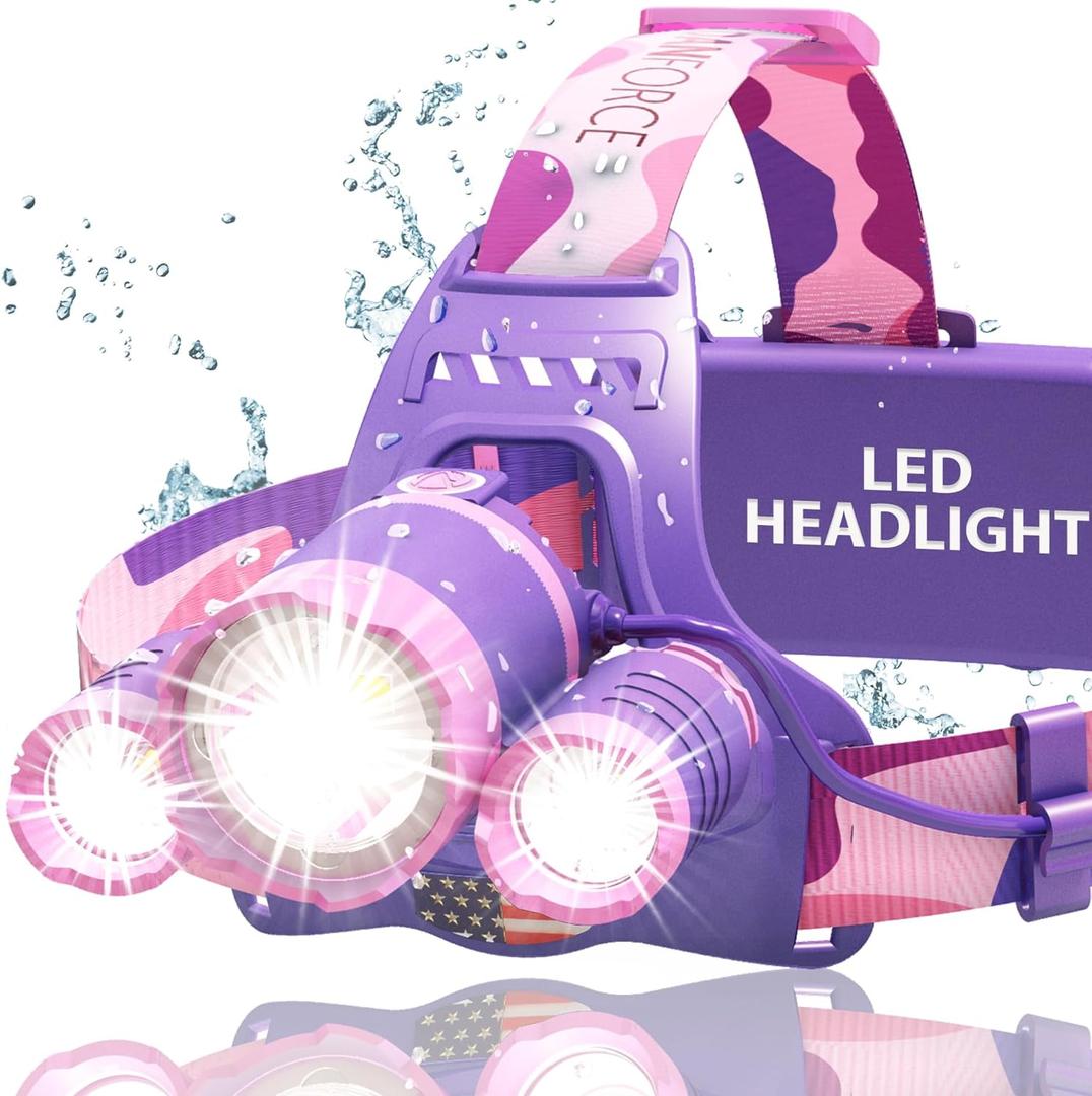 DanForce Headlamp, Ultra Bright Rechargeable LED Headlamp,LUMINUS 1080 Lumens,Zoomable Head Lamp Flashlight. Headlight USB Rechargeable, IPX45 HeadLamps for Camping, Outdoors,Red Light Include (Pink)