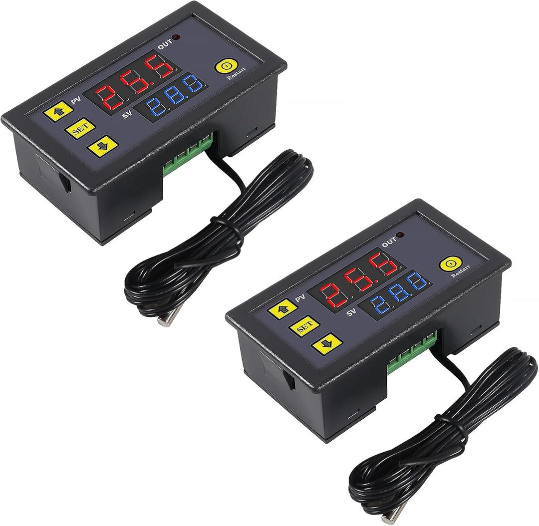 2pcs Digital Temperature Controller W3230 Digital LED Thermostat Switch with Waterproof Probe DC 24V Programmable Heating Cooling Electronic Thermostat Control -50 to 120