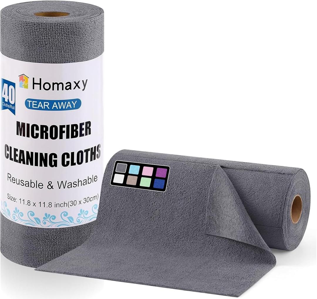 Homaxy Tear Away Dish Cloths Rolls, 40 Sheets-11.8" X 11.8", Reusable Washable Dish Towels for Kitchen, Ultra Absorbent and Quick Drying Microfiber Cleaning Rags, Grey