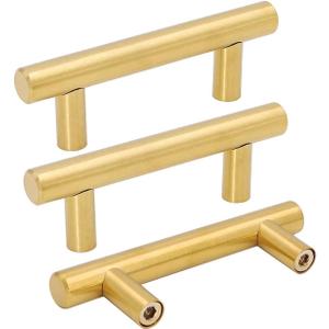 goldenwarm 5pcs Brushed Brass Cabinet Cupboard Drawer Door Handle Pull Knob for Furniture Kitchen Hardware 2-1/2in Hole Center 4in Overall Length