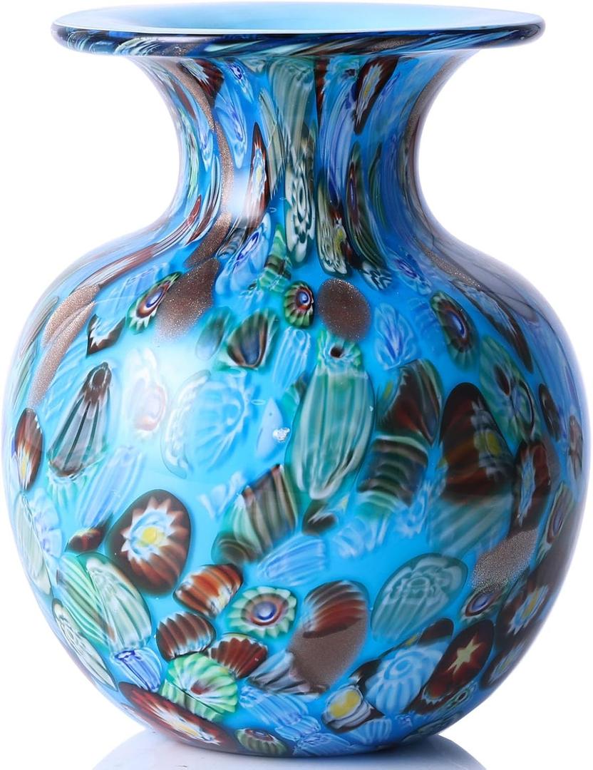 Round Glass Vase,Modern Art Sea Glass Decor with Colorful Petal Decorative for Home Decor,Hand Blown Stained Vase for Flowers Living Room Dining Tabletop Centerpiece Office Decor (Sky Blue)