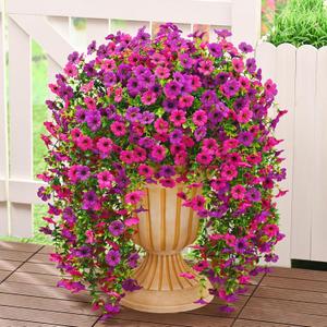 Dolicer 8 Pcs Look Real Artificial Flowers for Outdoors, Realistic Fake Artificial Hanging Flowers for Outdoors UV Resistant Silk Faux Hanging Plants Flowers for Porch Patio Garden (Purple+Fuchsia)