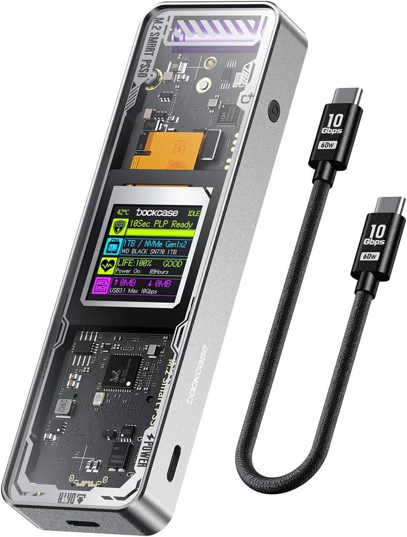 DOCKCASE Explorer Edition M.2 NVMe SSD Enclosure,Support 10s PLP Prevents Write Data Loss,USB 3.2 Gen 2 Type-C (10 Gbps), fits NVMe PCIe,Size 2230/2242/2260/2280,Support M-Key B+M Key UASP (Silver)