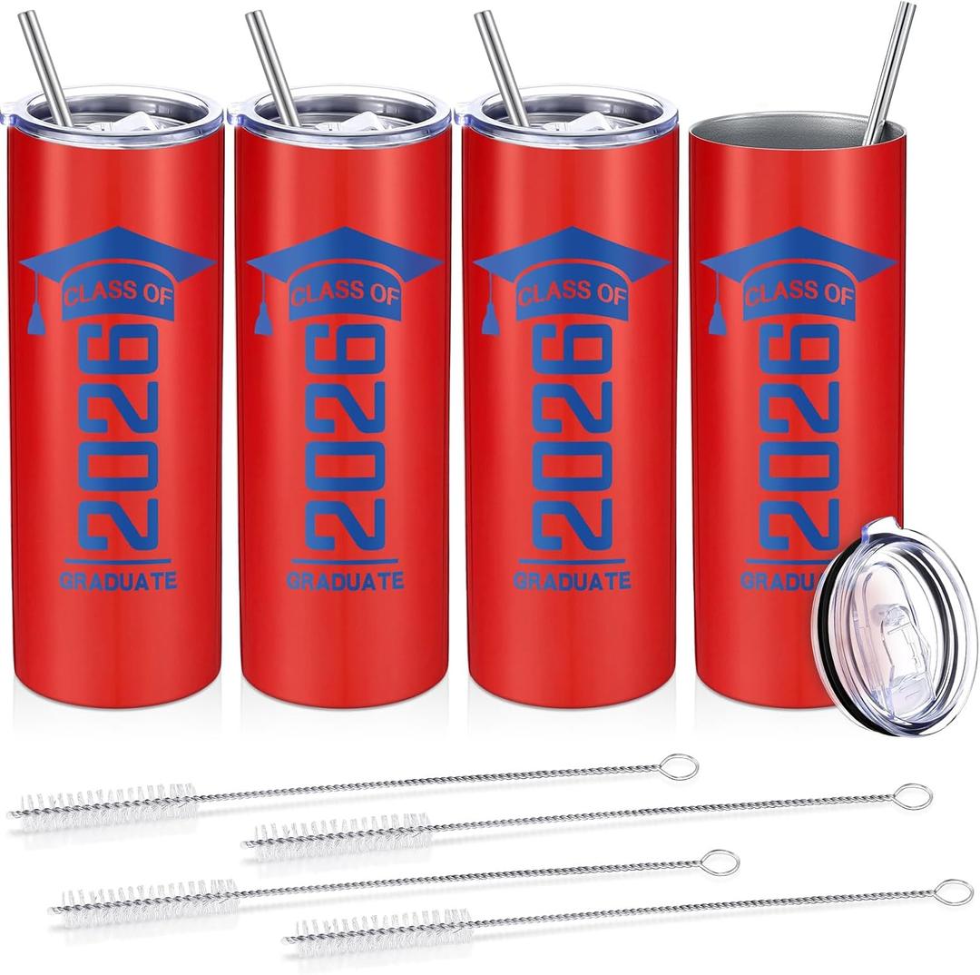 Patelai 4 Pcs Graduation Gift Bulk Class of 2026 Tumbler Cups 20oz Water Bottle with Lid Straw Brush Congrats Grad Graduate Gift for Him Her Grad Party Favor(Red and Blue)