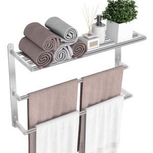 Towel Racks for Bathroom, 24 in Towel Shelf with Double Towel Bar, Stainless Steel Towel Storage for Lavatory Wall Mounted, 3-Tier Towel Hanger Towel Holder, Brushed Nickel