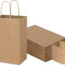 Toovip 50 Pack 5.25x3.25x8.25 Inch Small Plain Brown Kraft Paper Bags with Handles Bulk, Gift Bags for Favor Grocery Retail Party Birthday Shopping Business Goody Craft Merchandise Take Out Sacks