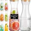 Glass Carafe Pitchers with Lids, Set of 6 1 Liter Embossed Designed Beverage Pitcher Carafe Set for Mimosa Bar, Juice Container for Brunch, Cold Water, Juice -With 6 Wooden Chalkboard Tags