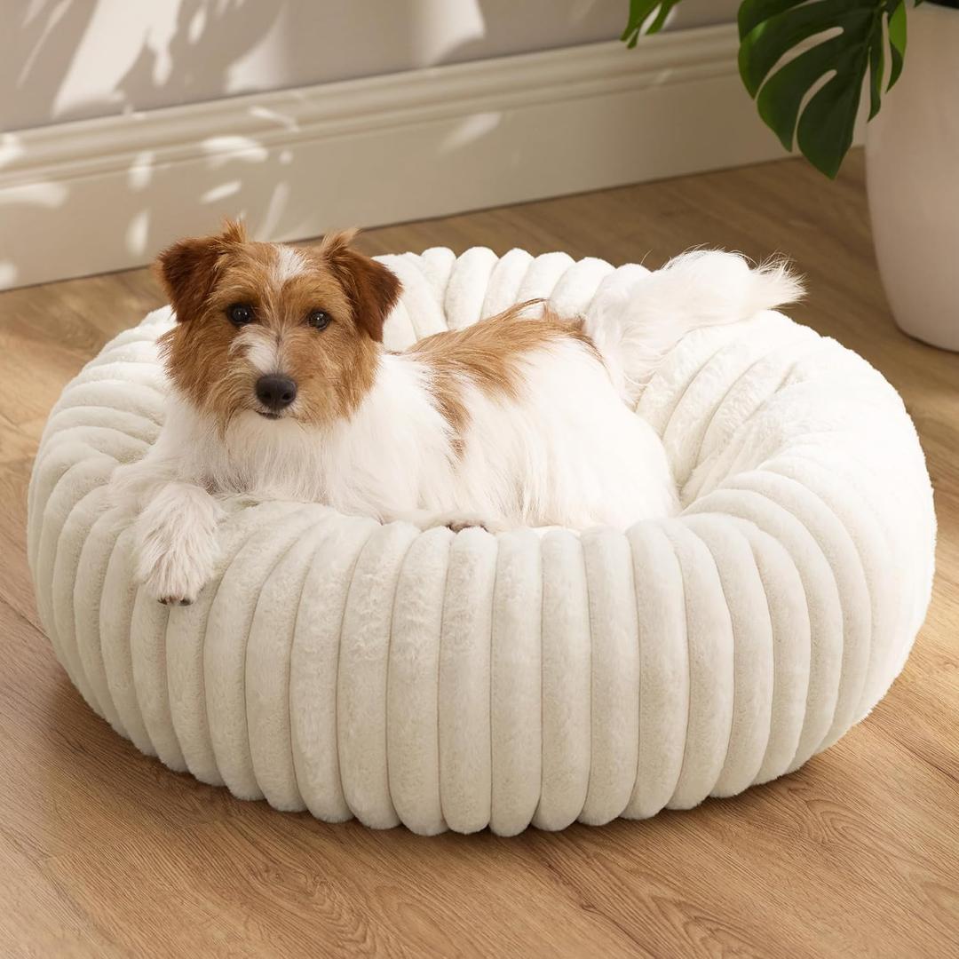 Bedsure ComfyFleece Donut Small Dog Bed - Dog Beds for Small Dogs with Corduroy Fleece & Anti Slip Bottom, Round Faux Fur Pet Beds with Washable Removable Cover, Cream, 27x27x8 inches