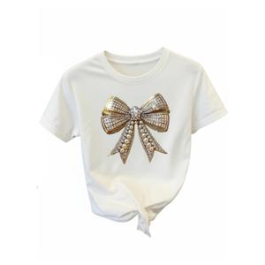RoseSeek Women's Beaded Bowknot Graphic Tees Short Sleeve Crew Neck Summer Casual T-Shirts White Large