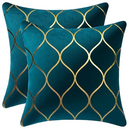 DEZENE 20x20 Inch Gold Velvet Throw Pillow Covers: 2 Pack Square Decorative Pillow Cases for Bedroom Sofa Couch Living Room, Teal