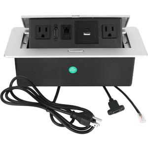Table Pop Up Outlet,Automatic Pop up Strip Center countertop Socket Recessed Multimedia Strip Socket & USB+ 2AC+ LAN Network Connection Box Desktop HDMI for Conference Desk, Office, Hotel(Silver-2)