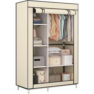 Calmootey Portable Closet Organizers, Clothing Storage, Wardrobe with 6 Shelves and Hanging Rod, Non-Woven Fabric Cover with 4 Side Pockets, Beige