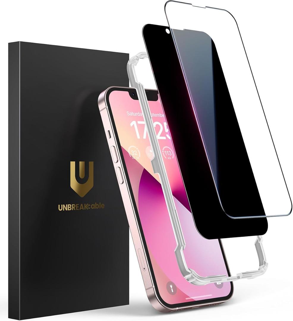 UNBREAKcable 2PCS Screen Protector for iPhone 13-1 Privacy Tempered Glass+1 Clear Glass Double Shatterproof [Easy Installation Frame] [9H Hardness] [Case Friendly] Anti-Scratch for iPhone 6.1 inch
