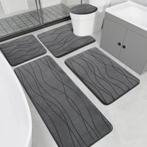 YIHOUSE Memory Foam Grey Bathroom Rug Sets 5 Piece, Ultra Absorbent Bath Mat for Bathroom - Non-Slip Machine Washable & Dry Quickly, 5 Piece Bathroom Mat Set, Dark Grey (1'8" x 3'10")