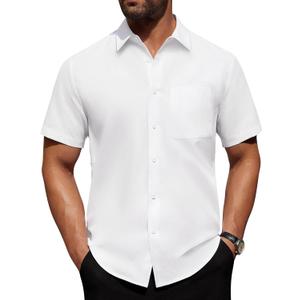 Alimens & Gentle Mens Short Sleeve Dress Shirt Wrinkle Free Solid Casual Button Down Shirts for Summer Business Wedding (Medium, White)