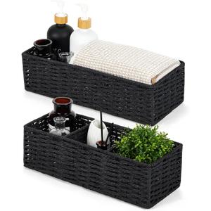 DULLEMELO Toilet Paper Basket for Organizing, Paper Rope Bathroom Baskets, Decorative Storage Bins for Countertop Bathroom Shelves, Set of 2,Black