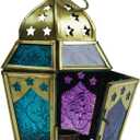 In the Breeze 9210 Teal & Purple Hex Tealight Lantern  Moroccan-Style Boho Chic Tealight Glass and Metal Tabletop Lantern