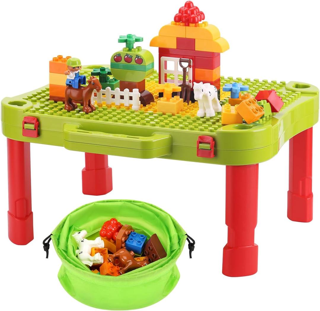3 in 1 Kids Activity Table, Kids Play Table Set with 42 Blocks, Building Blocks Kit Compatible with Mega Blocks and Lego Duplo, Foldable Activity Desk, Play Board, and Toy Storage for Toddlers