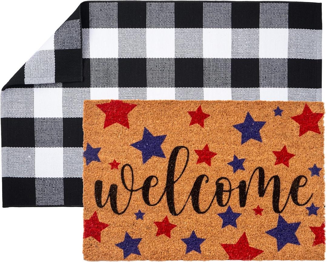 2 PCS Patriotic Door Mat Independence Day Natural Coir Welcome Doormats with Layered Buffalo Plaid National Day Front Door Rugs for Entrance Porch Outdoors Decor