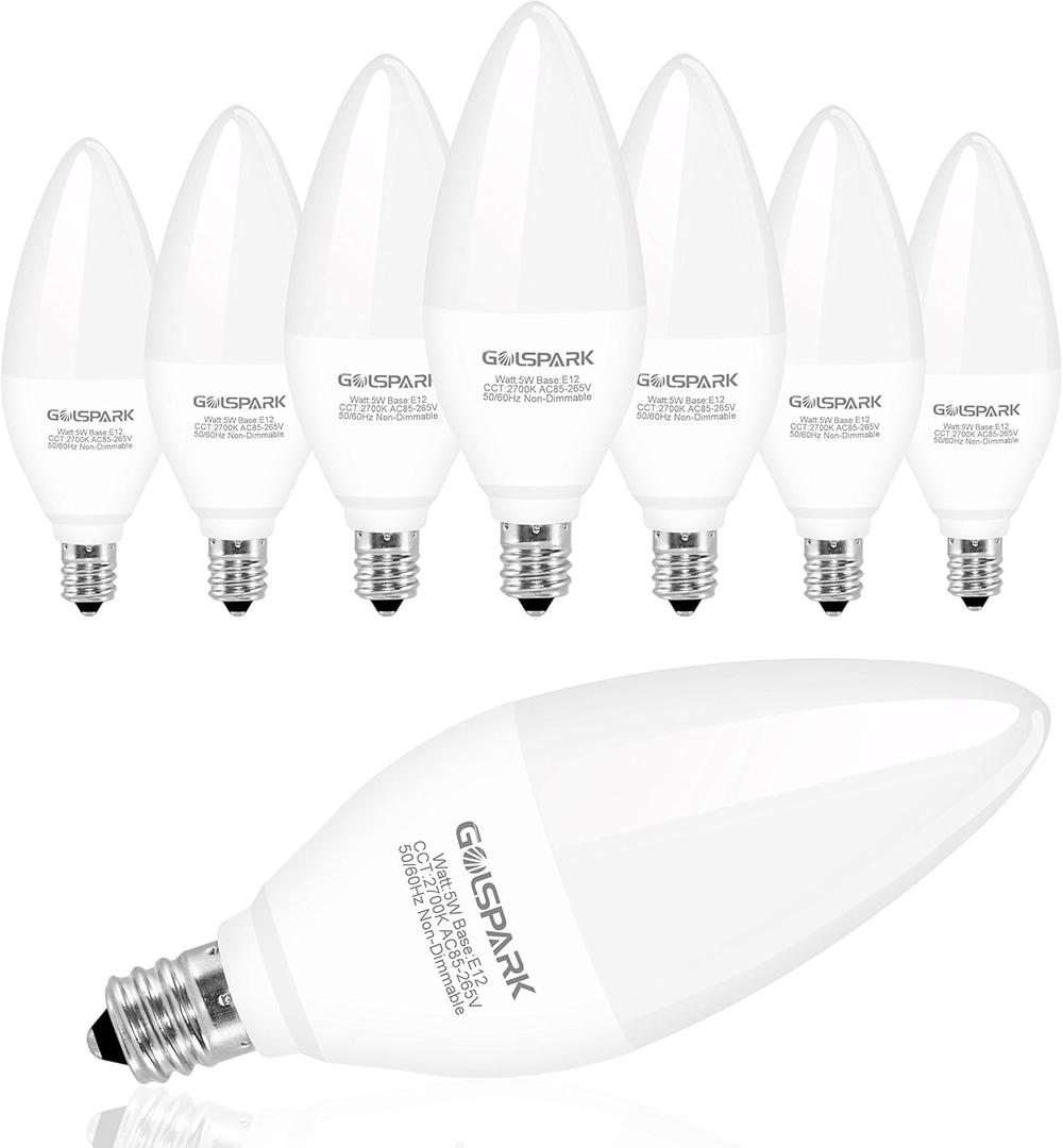 GOLSPARK E12 LED Candelabra Bulbs, 8 Pack Ceiling Fan Lights, 5W 60W Equivalent, 600lm 2700K Warm White Candle Base
